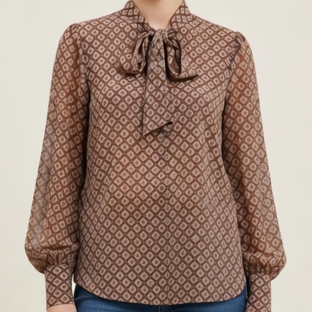 Mystree NWT Tie Neck Blouse Brown Geometric Print Balloon Sleeve Boho Women M